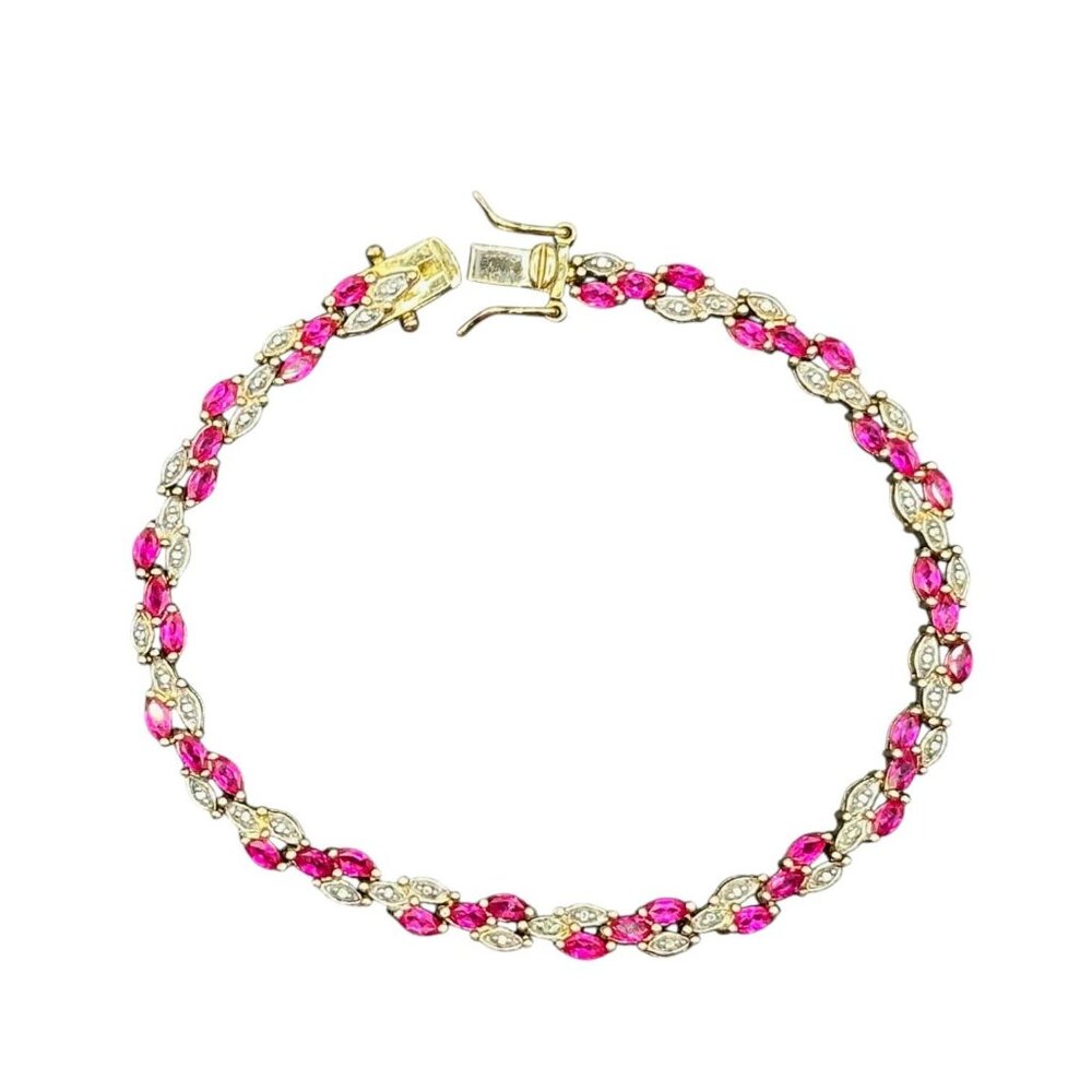 Ross Simons Gold over Sterling Silver Pink Ruby + Diamond Bracelet 7.25"